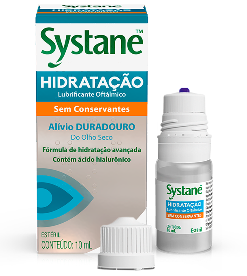 Systane Hidratação colírio lubrificante oftálmico sem conservantes com ácido hialurônico, frasco de 10 mL, tampa e embalagem do produto.