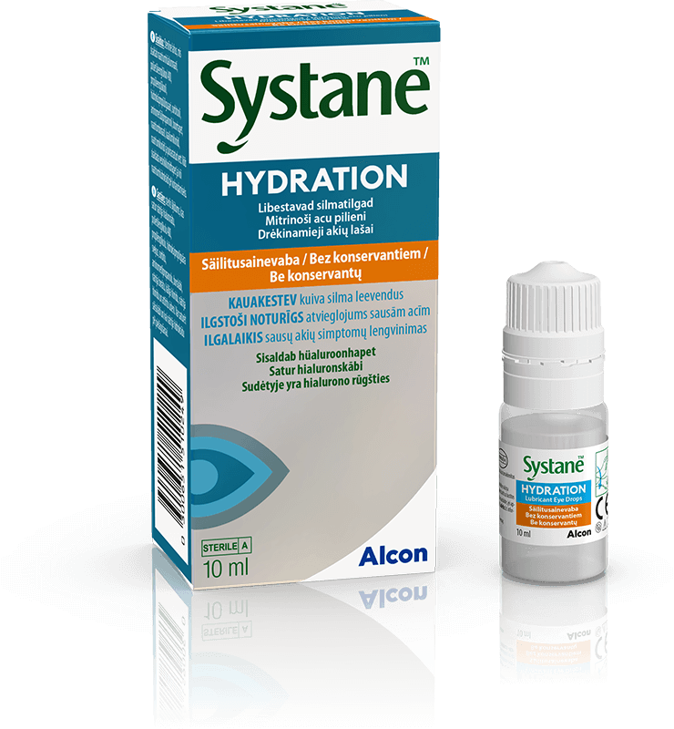 Alconi Systane Hydration niisutavate silmatilkade enne ja nüüd tootepakendid kuiva silma leevendavamiseks