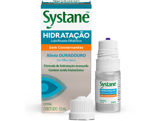 Systane Hidratação colírio lubrificante oftálmico sem conservantes para alívio duradouro do olho seco, apresentado com frasco de 10 mL, tampa removida e embalagem do produto.