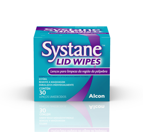 Caixa do produto e pacote individual de lenços umedecidos Systane® Lid Wipes, Eyelid Cleansing Wipes
