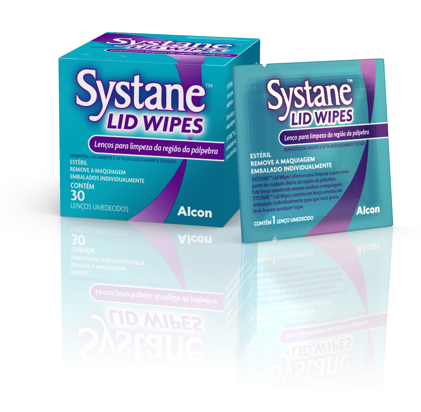 Systane Lid Wipes lenços para higiene e limpeza das pálpebras, embalados individualmente, com caixa contendo 30 lenços umedecidos.