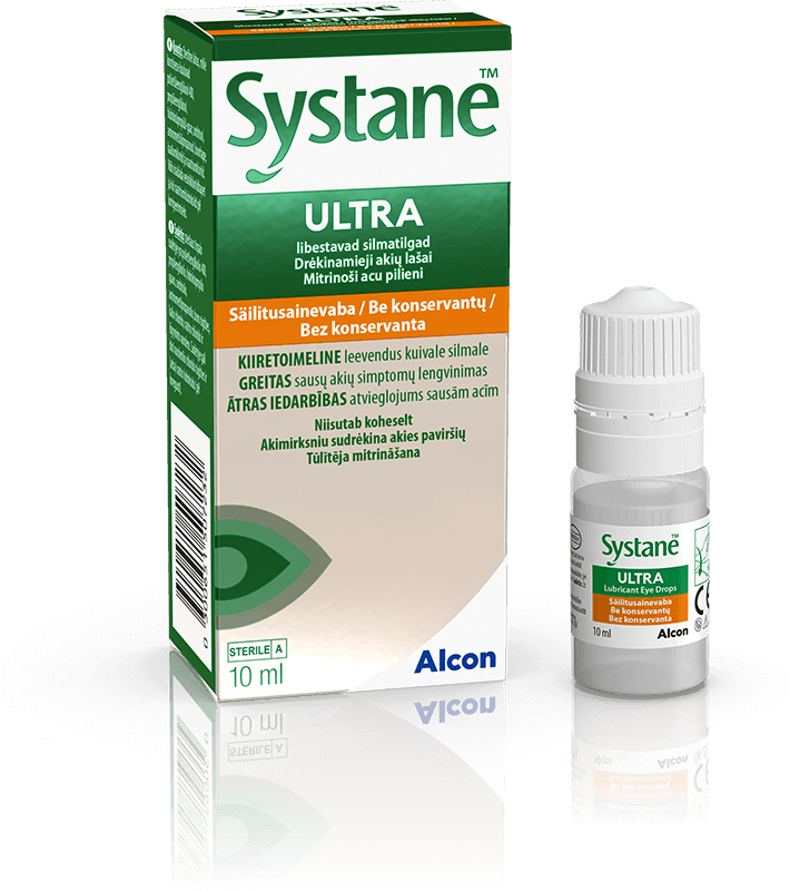 Alconi Systane Ultra niisutavate silmatilkade enne ja nüüd tootepakendid kuiva silma leevendavamiseks