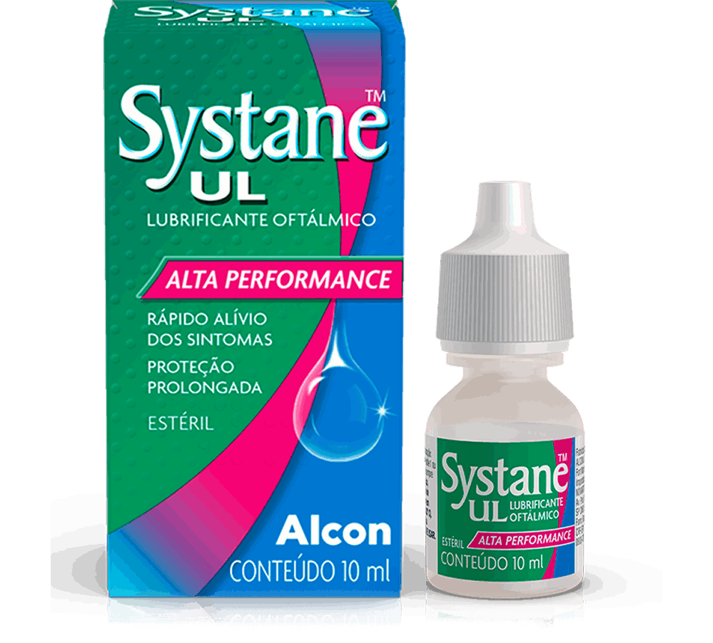 Systane UL lubrificante oftálmico Alta Performance para alívio rápido dos sintomas de olho seco, com frasco de 10 mL e embalagem do produto.