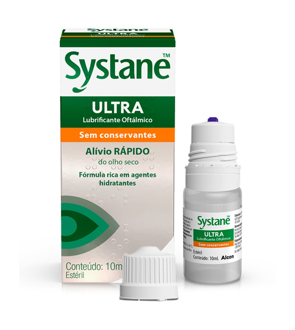 Systane Ultra lubrificante oftálmico sem conservantes para alívio rápido do olho seco, com frasco de 10 mL, tampa removível e embalagem do produto.