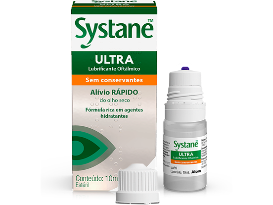 Caixa do frasco e caixa do produto colírio Systane® Ultra sem conservantes para os olhos