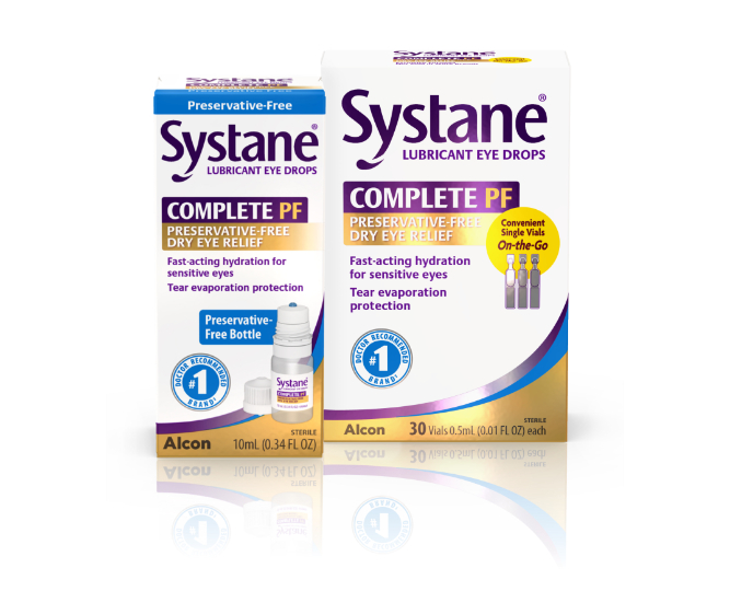 Two Product boxes for Systane Complete Preservative-free (PF) lubricant dry eye relief  drops 10 ml multidose bottle and 30 single-dose vials by Alcon