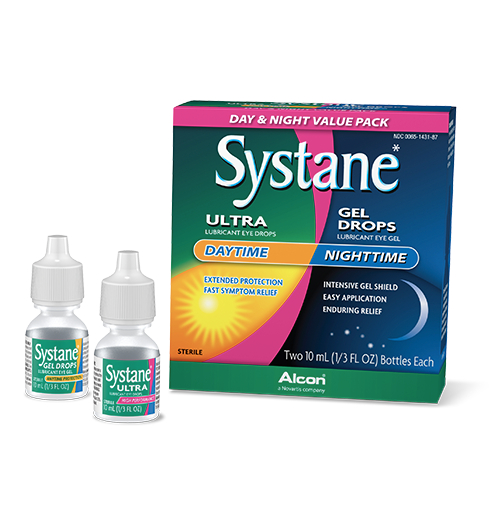 Systane Day and Night Value Pack product box and vial cartons of Systane Gel and Systane Ultra Eye drops