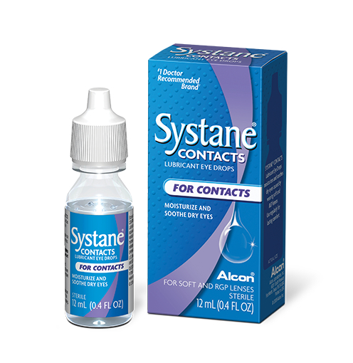 Systane Contacts Rewetting Lubricant Eye Drops vial and product box by Alcon, #1 Doctor Recommended Brand