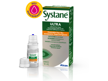 Опаковка и флакон на капки за очи на Systane® Ultra БЕЗ КОНСЕРВАНТИ