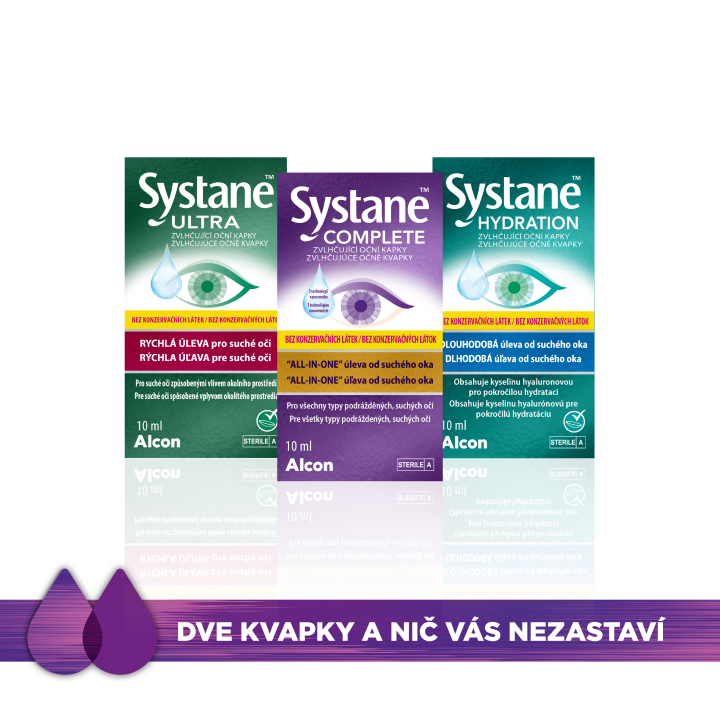 Krabičky produktov zvlhčujúcich očných kvapiek Systane ULTRA, Systane COMPLETE a Systane HYDRATION bez konzervačných látok