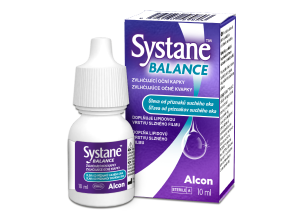 Zobrazenie krabičky produktu a fľaštičky očných kvapiek Systane® BALANCE
