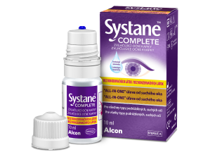 Zobrazenie krabičky produktu a fľaštičky nových očných kvapiek Systane® COMPLETE bez konzervačných látok