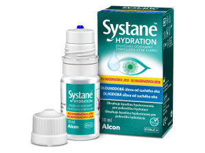 Zobrazenie krabičky produktu a fľaštičky očných kvapiek Systane® HYDRATION bez konzervačných látok
