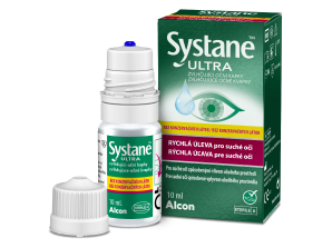 Zobrazenie krabičky produktu a fľaštičky očných kvapiek Systane® ULTRA bez konzervačných látok