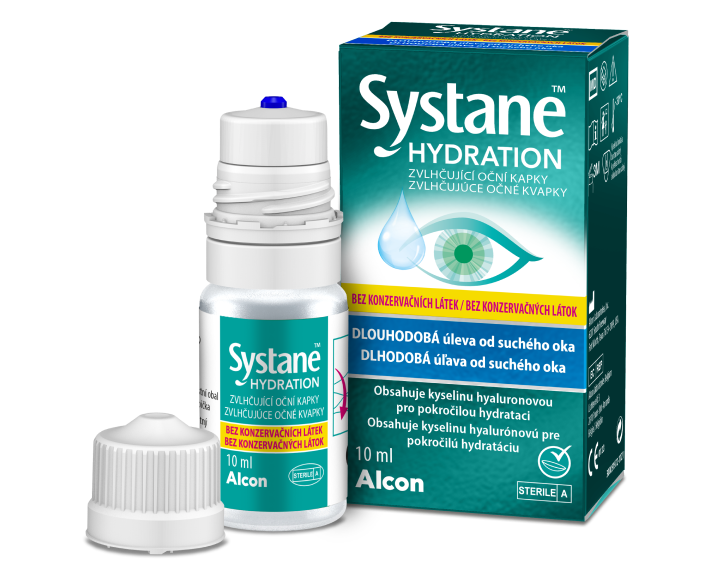 Zobrazenie krabičky produktu a fľaštičky očných kvapiek Systane® HYDRATION bez konzervačných látok
